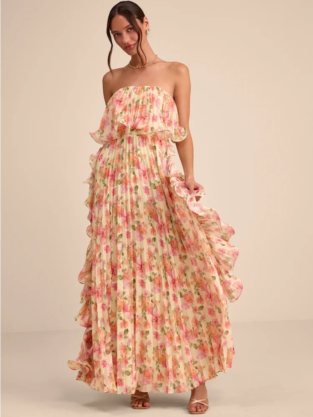 Andri Light Yellow Floral Pleated Ruffled Maxi Dress